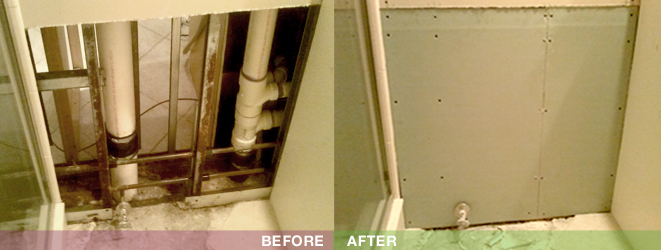 Drywall cut out to dry a leak, and the same wall repaired
