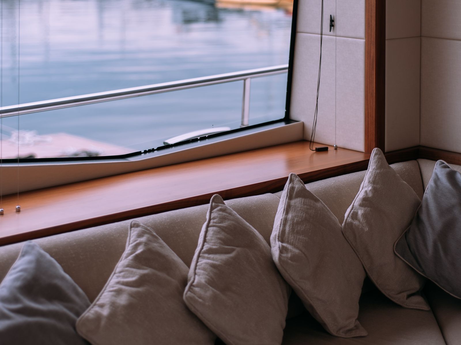 Cushioned seating in a yacht cabin