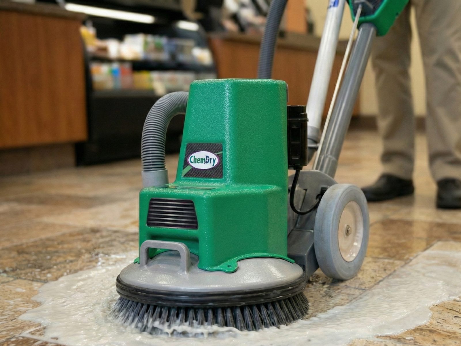 Rotary scrubber cleaning a stone tile floor