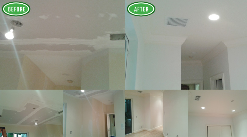 Ceiling and drywall on one of our jobs, before and after repair